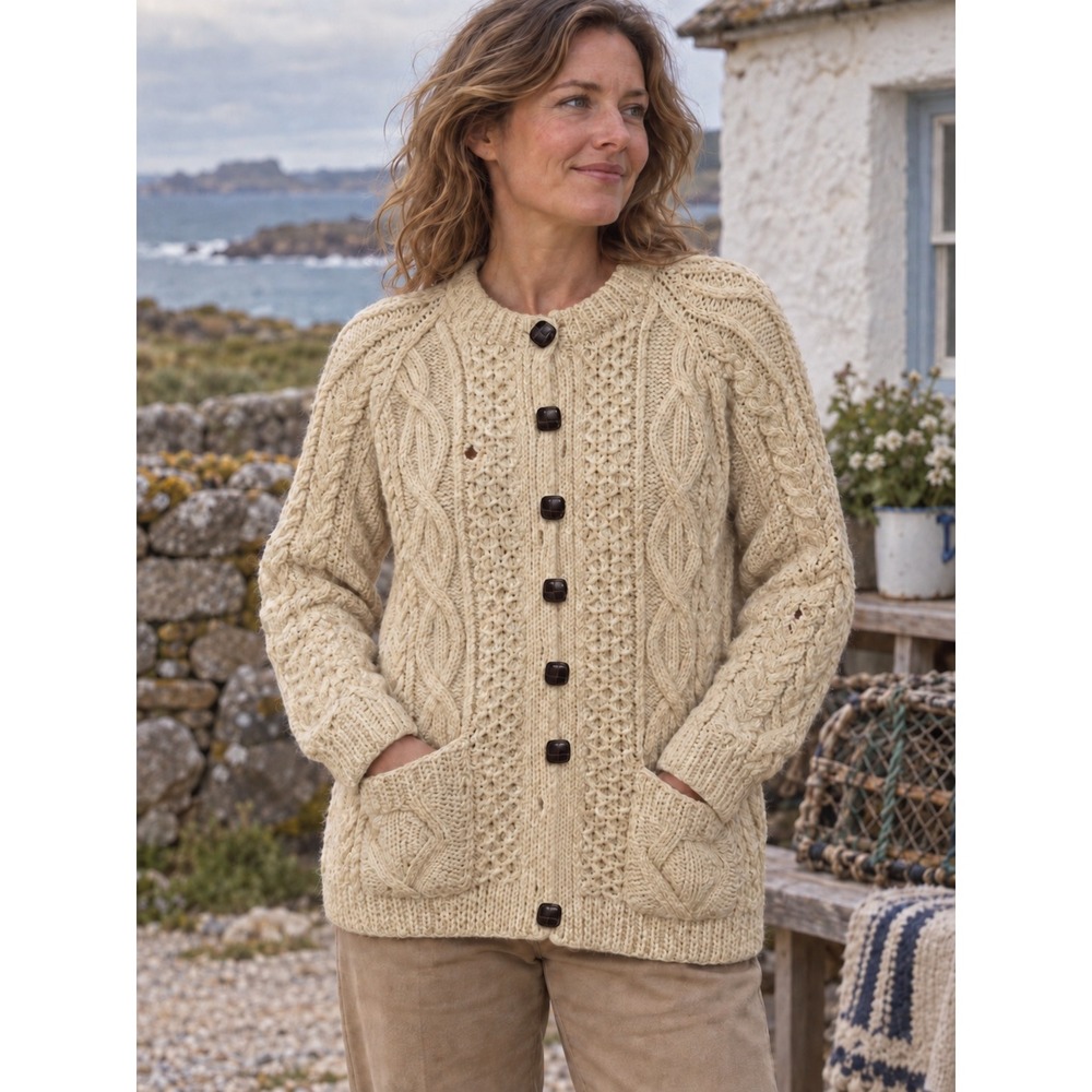 Cable Knit Cardigan Womens Estimated M Cream Coastal Grandmother Fisherman